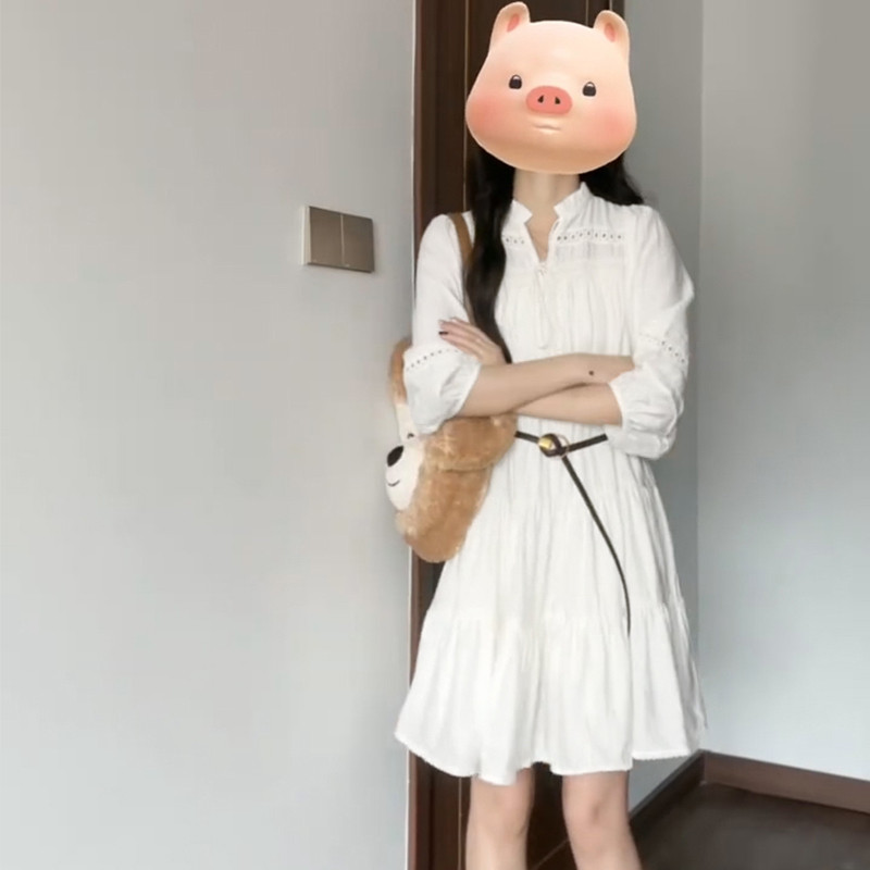 法式绝美小个子白色连衣裙女夏季新款气质别致镂空系带A字短裙ins