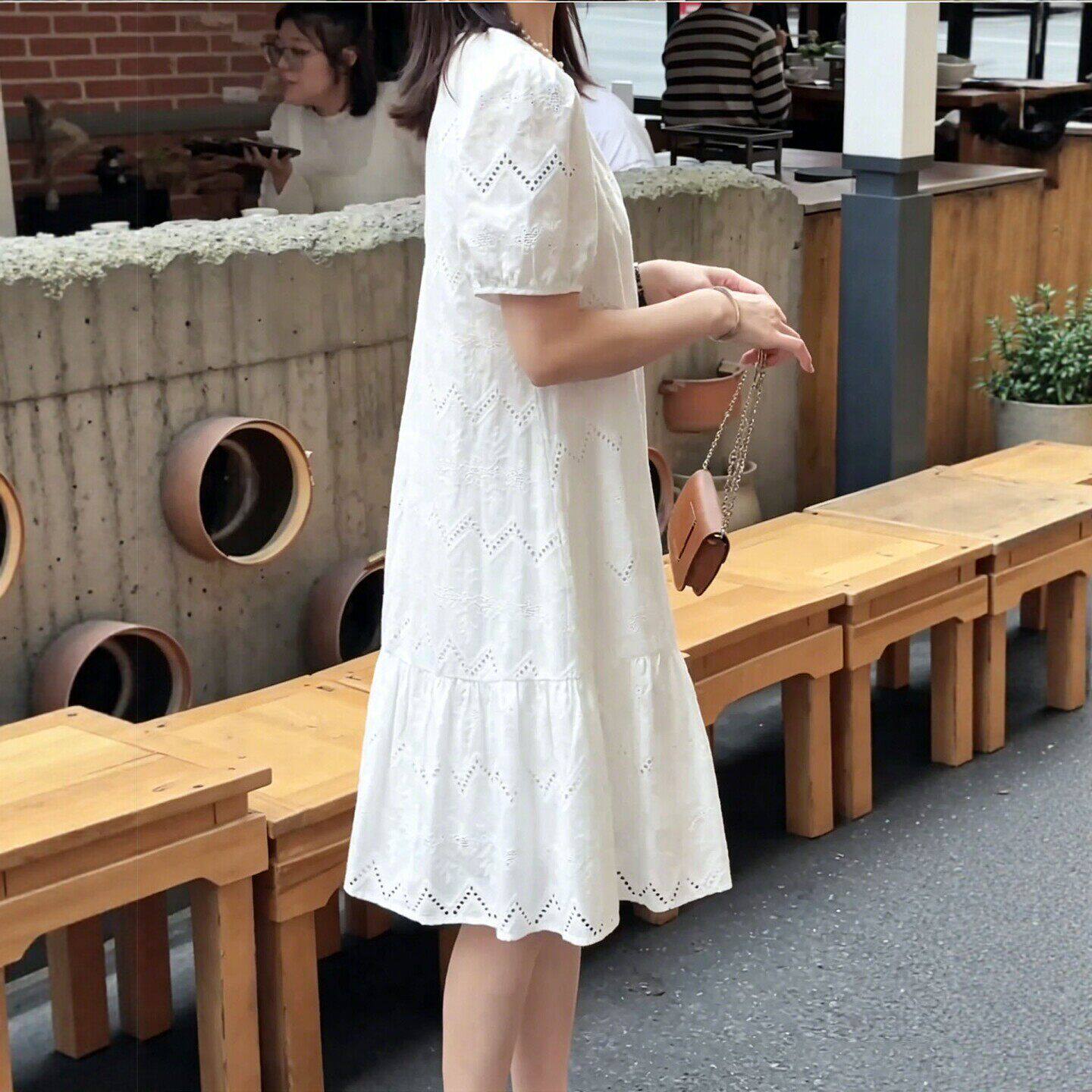 法式泡泡袖白色连衣裙女