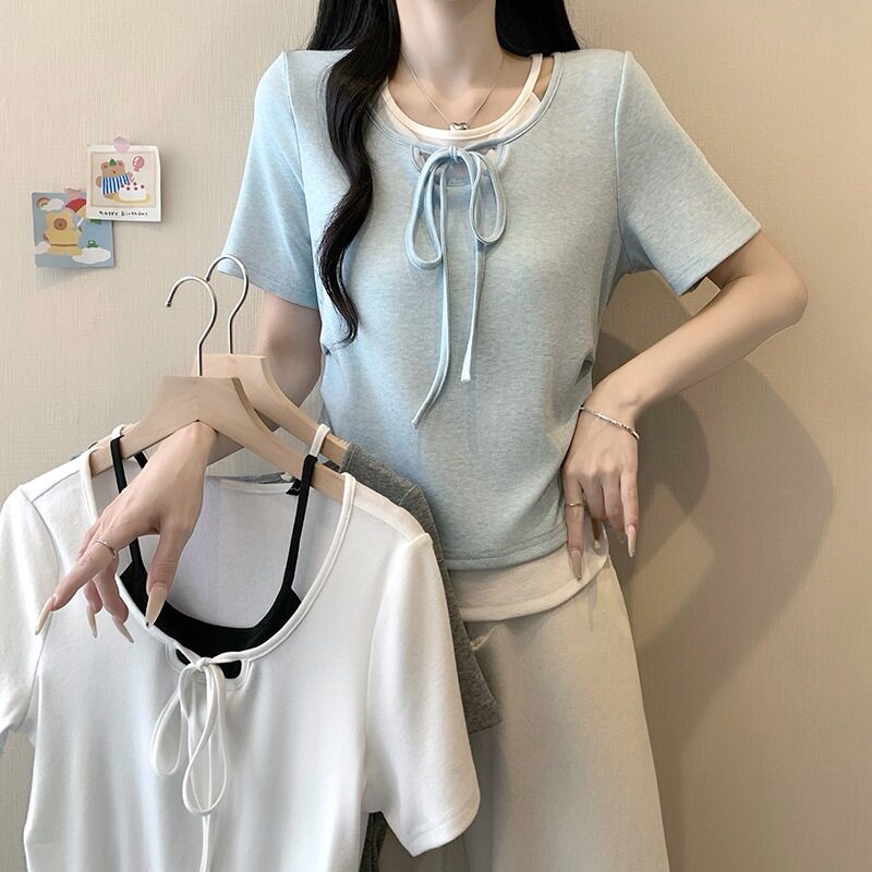 实拍夏装新款胖大码女韩系撞色假两件寄到掐腰弧形短袖恤