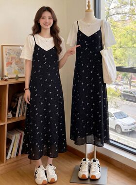 高级感拼接T恤碎花洋装女夏季大尺码胖mm宽松显瘦遮肉a字中长裙子