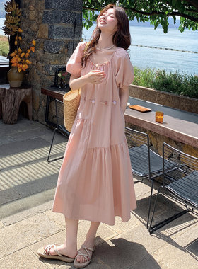 粉色方领洋装女夏季2026爆款今年流行新款微胖宽松甜美减龄长裙