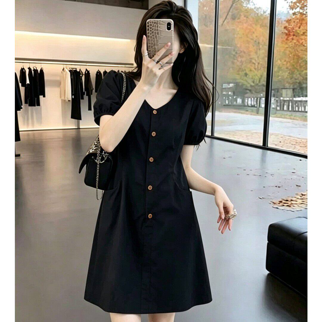 胖mm甜美V领短袖黑色洋装