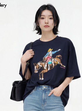 Mgallery复古漫画牛仔骑马马年宽松男女重磅纯棉短袖T恤26SST0003