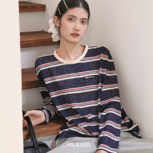 Mgallery条纹网纱微透春秋复古轻薄透气圆领打底衫T恤2025AWT0003