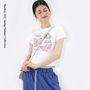 Mgallery蝴蝶猫咪可爱动物印花透气情侣圆领梦幻短袖T恤