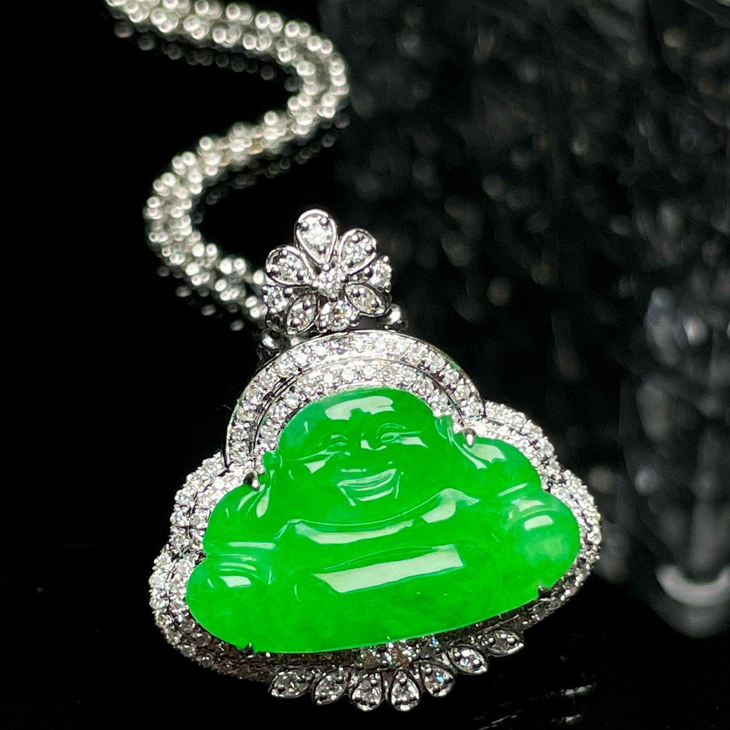 特价小夏珠宝18K金南非钻镶嵌缅甸天然A货翡翠冰种阳绿佛公吊坠