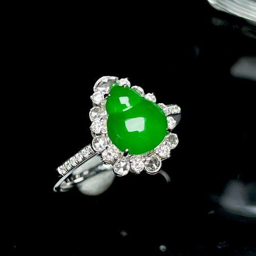 特价小夏珠宝18K金南非钻镶嵌缅甸天然A货翡翠冰种阳绿葫芦戒指