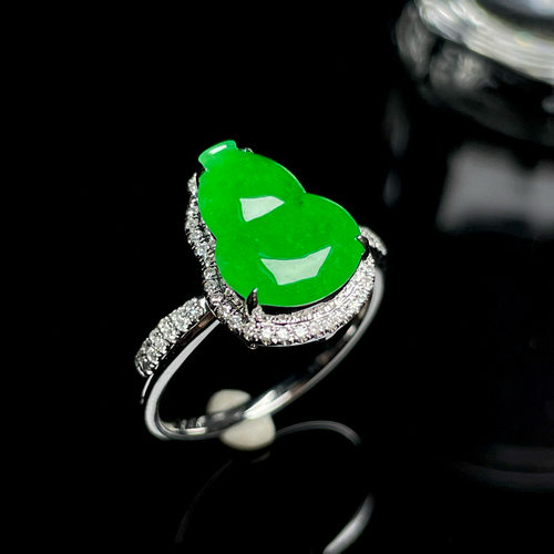 特价小夏珠宝18K金南非钻镶嵌缅甸天然A货翡翠冰种阳绿葫芦戒指