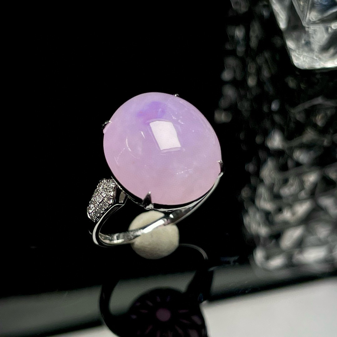 特价小夏珠宝18K金南非钻镶嵌缅甸天然A货翡翠冰种紫罗兰蛋面戒指