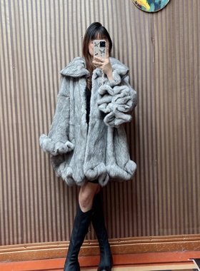 2024秋冬季新真兔毛皮草大衣外套女中长时尚花瓣袖皮毛一体年轻款