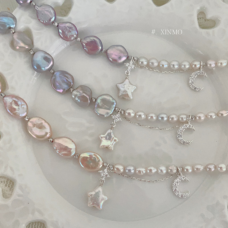 月下星辰 巴洛克珍珠项链手链 星星月亮仙女紫香槟金五彩斑斓的灰