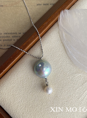 百元内饰品｜原创《蓝气球》飘向远方银蓝色油画马贝珍珠项链