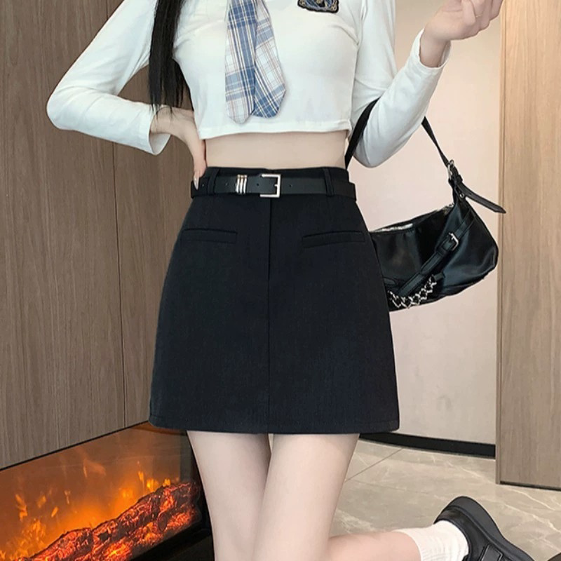 灰色西装短裙女夏季2025新款学院风辣妹高腰百搭a字包臀半身裙子