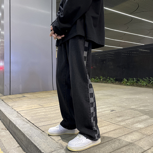 秋季港风宽松阔腿牛仔裤直筒侧边格子裤子 805-T07-P50 控68图片