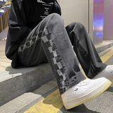 秋季港风宽松阔腿牛仔裤直筒侧边格子裤子805-T07-P50控68，男装牛仔裤，星座809B（原星座805）