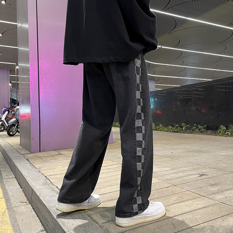 秋季港风宽松阔腿牛仔裤直筒侧边格子裤子805-T07-P50控68,男装牛仔裤,星座809B（原星座805）
