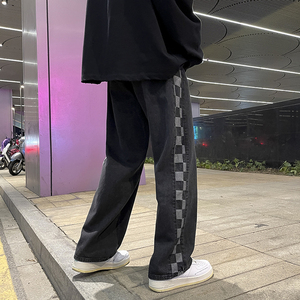 秋季港风宽松阔腿牛仔裤直筒侧边格子裤子 805-T07-P50 控68图片