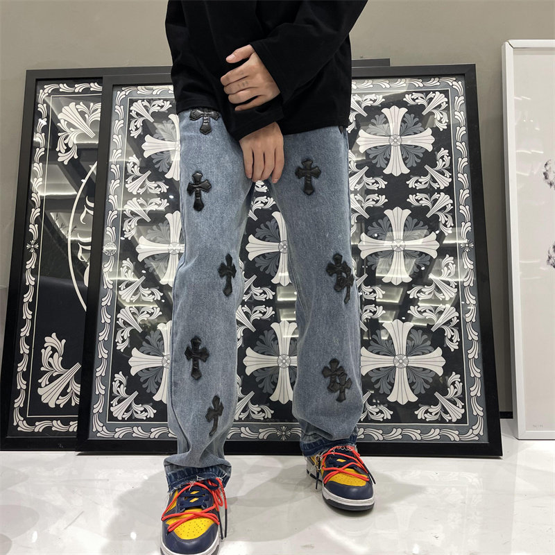 2025春季新款！宽松直筒刺绣十字架牛仔长裤805-D18-P60控78,男装休闲裤,星座809B（原星座805）
