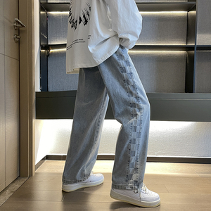 秋季港风宽松阔腿牛仔裤直筒侧边格子裤子 805-T07-P50 控68图片