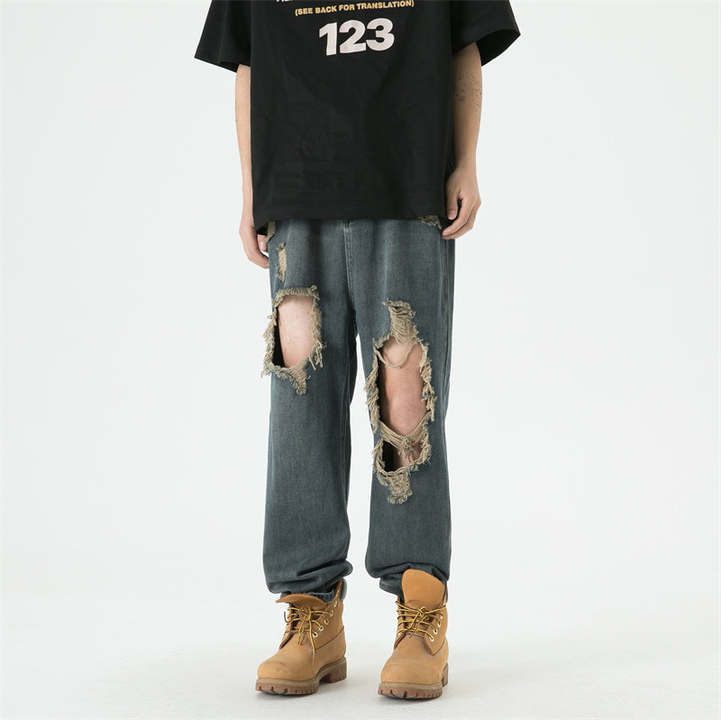 2025夏季新款！老爹破洞宽松直筒牛仔裤809B-DK22-P55控78,男装牛仔裤,星座809B（原星座805）