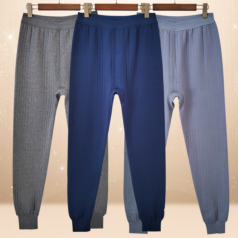 中老年人保暖裤男士纯棉宽松大码秋冬季全棉夹棉衬裤三层棉毛秋裤