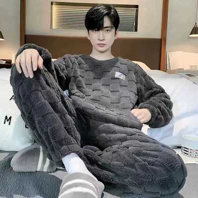 睡衣珊瑚绒冬季加厚保暖简约圆领男士套头运动可外穿家居服两件套