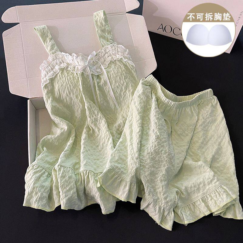 法式带胸垫吊带睡衣女夏季薄款绿色蝴蝶结短裤甜美性感家居服套装