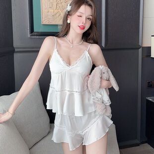 冰丝蕾丝花边带胸垫v领 套装 纯欲丝绸睡衣夏季 睡衣女性感吊带短裤