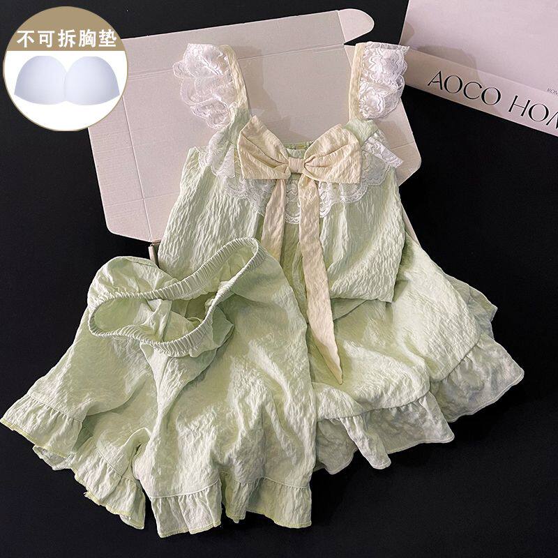 2025新款带胸垫睡衣女夏季绿色甜美蝴蝶结性感吊带短裤家居服套装