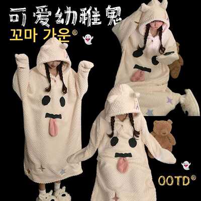 2025年新款可爱少女搞怪鬼脸幽灵连帽珊瑚睡衣女冬季加厚毛绒睡裙