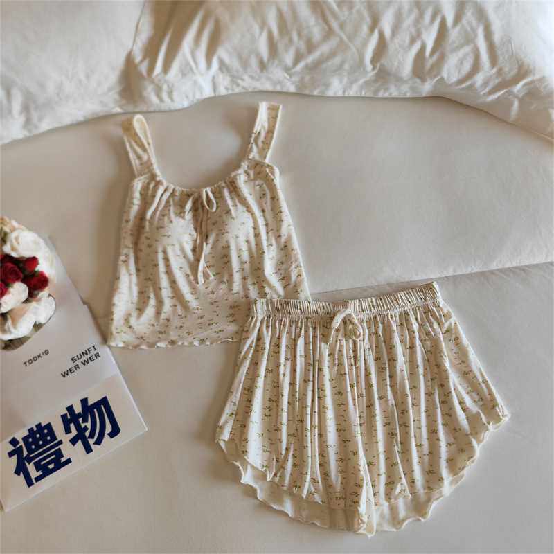 带胸垫莫代尔碎花睡衣女夏季新款吊带短裤甜美性感家居服两件套装