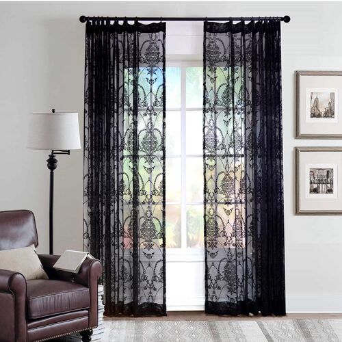 客厅书房落地窗飘窗北欧古典风格黑色蕾丝提花窗纱窗帘成品免打孔