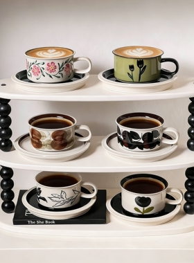 芬兰vintag手绘花卉陶瓷杯子复古小众咖啡杯碟套装拿铁拉花茶水杯