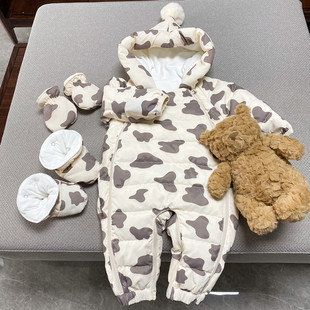 男女宝宝冬款加厚白鸭绒羽绒连体衣包脚婴儿羽绒服哈衣防风外套潮