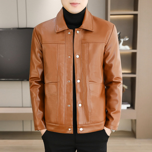 单排扣新材质皮衣男士皮夹克商务休闲外套翻领潮流帅气青年秋冬季