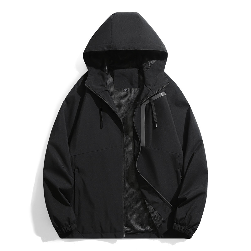 防水防风衣春秋透气户外冲锋衣男单层纯色工装薄款登山带帽子外套