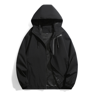 防水防风衣春秋透气户外冲锋衣男单层纯色工装薄款登山带帽子外套