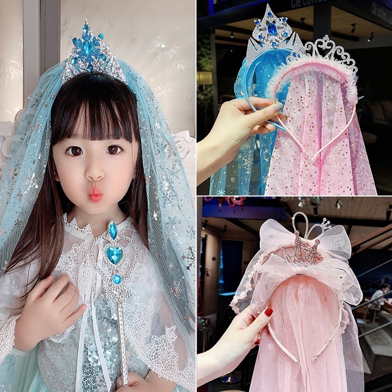 超仙小公主皇冠生日party聚会婚礼花童撇儿童发箍头纱发饰头饰.