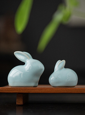 可爱小兔子摆件创意陶瓷汝窑生肖兔家居客厅办公桌装饰吉祥物礼品