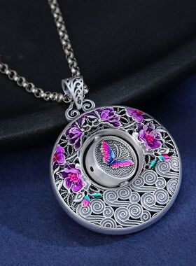 新款蝶恋花转动花丝祥云蝴蝶手工复古国风镂空圆牌可转动吊坠