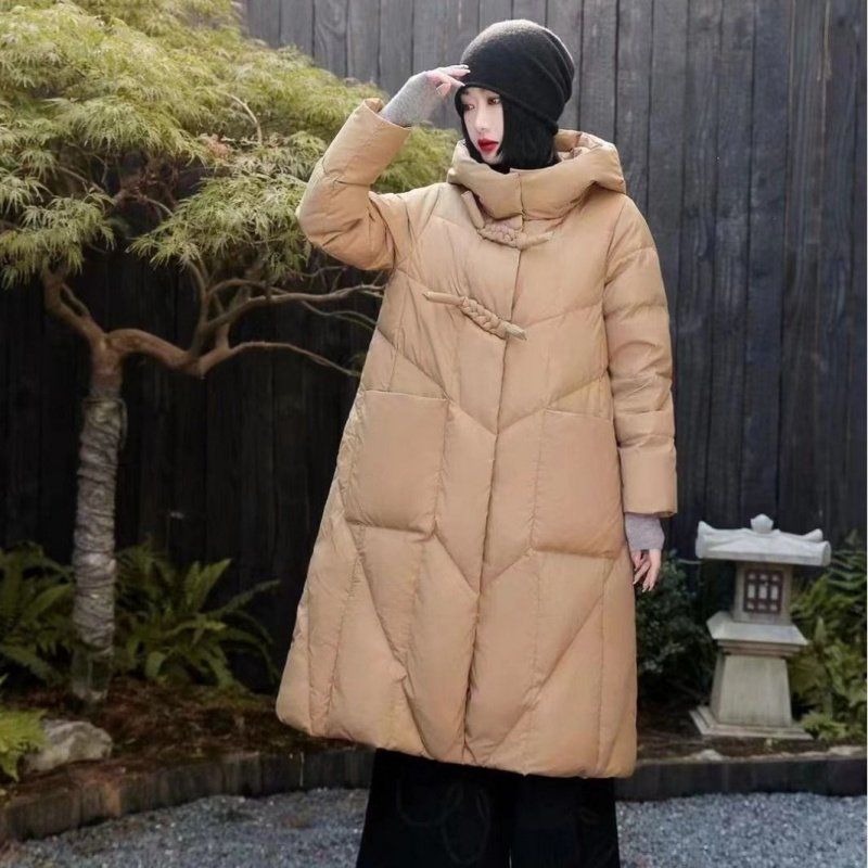 冬季新品文艺复古长款连帽加厚宽松白鸭绒外套中式盘扣A版羽绒服
