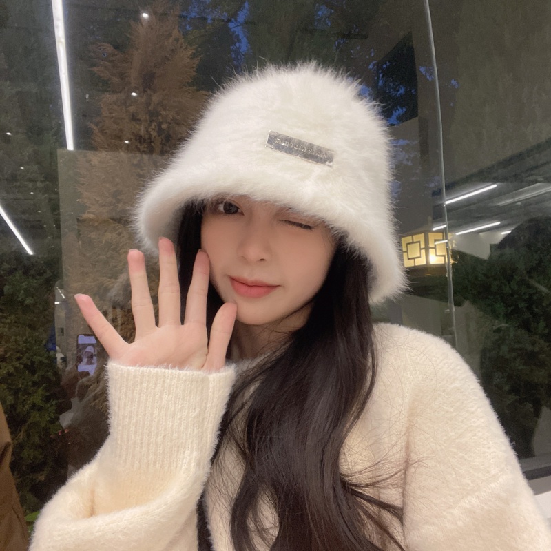 日系网红兔毛渔夫帽女冬季素颜百搭毛茸茸保暖盆帽显脸小水桶帽子