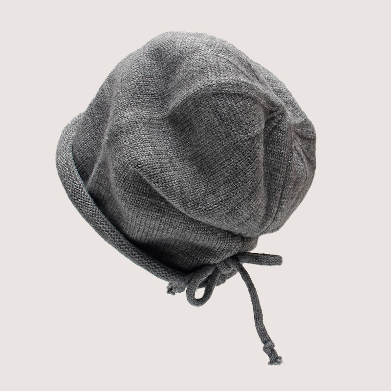 抽绳堆堆帽女秋冬韩版保暖卷边冷帽日系男毛线针织包头帽大头帽子