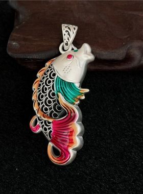 999足银古法传承掐丝锦锂吊坠纯银年年有余烧蓝款鲤鱼平安扣