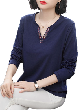 2026年春秋季大码女装绣花打底衫女纯色百搭遮肉减龄t恤女上衣潮