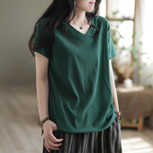 宽松欧货短袖 夏季 新款 T恤气质百搭纯色设计感V领别致贴标上衣潮女