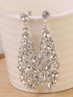 新款 C6欧美夸张长款耳环奢华女式新娘镶钻耳夹结婚宴会礼服婚纱