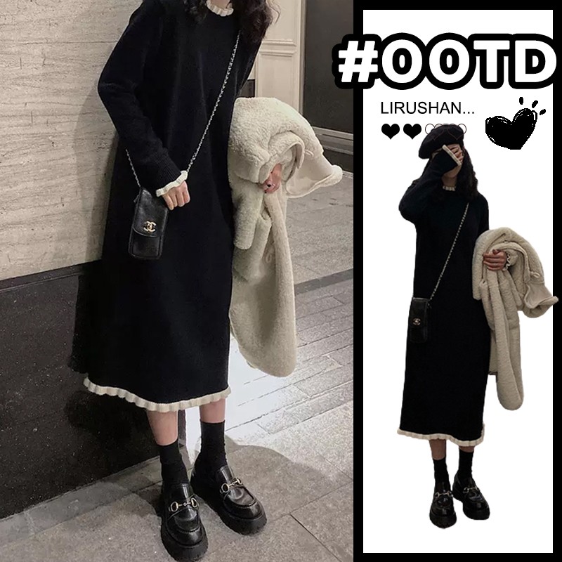 2025秋冬季新款女装大衣内搭打底毛衣针织连衣裙子小个子黑色长裙