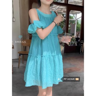 减龄俏皮湖绿色背心连衣裙女夏季新款学生甜美露肩木耳边宽松短裙