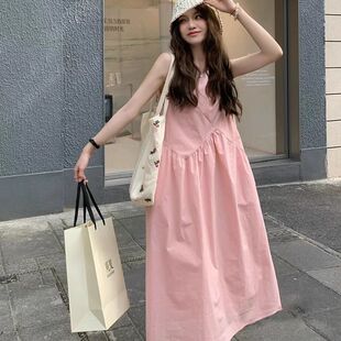 連衣裙女夏天海邊沙灘背心長裙甜妹度假風(fēng)裙子 小個(gè)子粉色甜美無袖